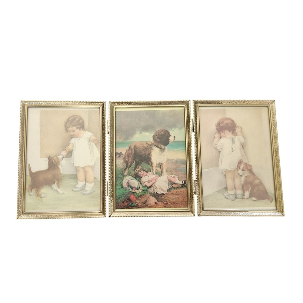Vintage Bessie Pease Guttman Folding 3 Gold Frame Prints 15x7